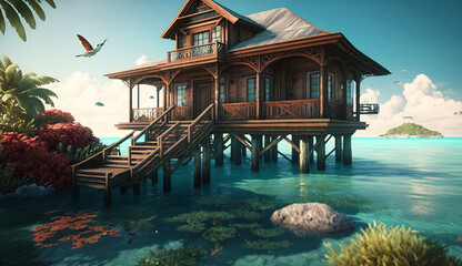 Tropical island overwater villa beach resort house pictures AI Generated image - obrazy, fototapety, plakaty