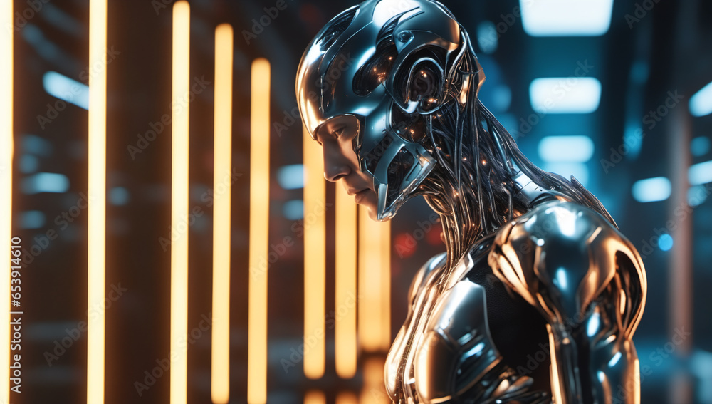 Poster an exploration of the future of human augmentation, featuring a white cyborg robotic in a cinematic 