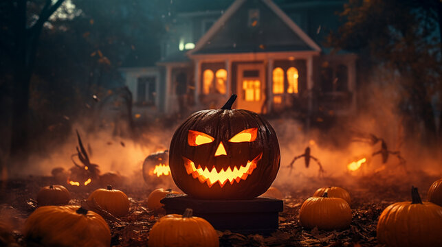 Halloween burning pumpkins outside a spooky mystery house Scary night view of a horror house with Halloween decoration and ghost. Generative AI