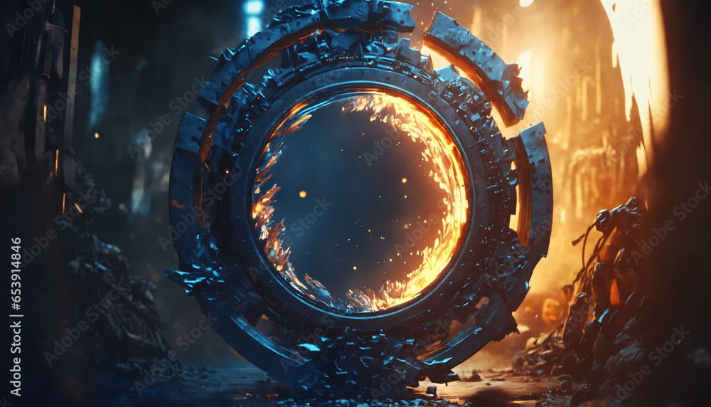 Poster abstract sci-fi circular object. futuristic design with glowing vfx and lens flares