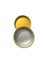 open metal jar of gold color with silver on a white background, Open tin can isolated, 3d render