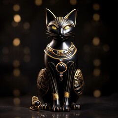 Antique Egyptian Cat Goddess Bastet. Beautiful Black Cat with Gold Jewelry on Dark Background. Perfect Decorative Design for Culture Lovers