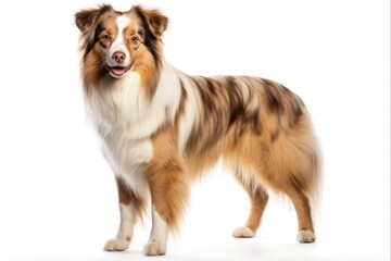 American Shepherd Dog in Red Merle Colour Standing on White Background with Blue Eye and Half Face Visible