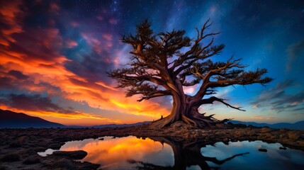 Bristlecone Pine under the Milky Way: A Stunning Nighttime View of Nature's Majestic Tree and Starry Sky - obrazy, fototapety, plakaty