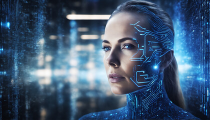 A visionary woman excels in the AI landscape, merging human ingenuity and artificial intelligence seamlessly for a bold future.