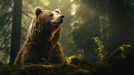 A massive bear in the midst of a green forest. The beauty of wild nature, Generative AI