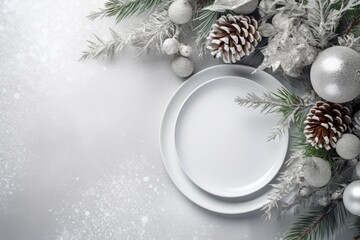 Obraz na płótnie Canvas Top view of elegant and festive christmas table setting with xmas decoration and ornaments. Flat lay, mockup
