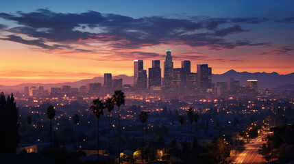 An illustration of evening Los Angeles. Skyscrapers against the backdrop of the sunset, Generative AI