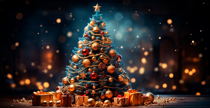 Christmas tree with New Year's gifts, family Christian home holiday - AI generated image