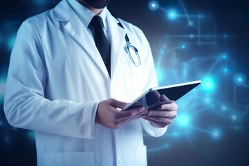 Doctor using digital tablet, modern technology in medicine and healthcare concept on blue background | Generative AI
