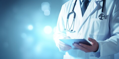 Doctor using digital tablet, modern technology in medicine and healthcare concept on blue background | Generative AI