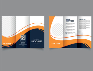 Trifold brochure with orange waves. Editable vector templates with design elements