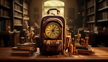 Backpack with books and school supplies on a desk