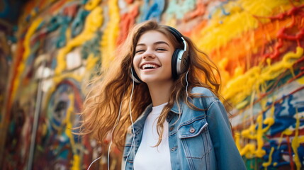 Cheerful teenage girl listening to music on backdrop of a colorful graffiti wall