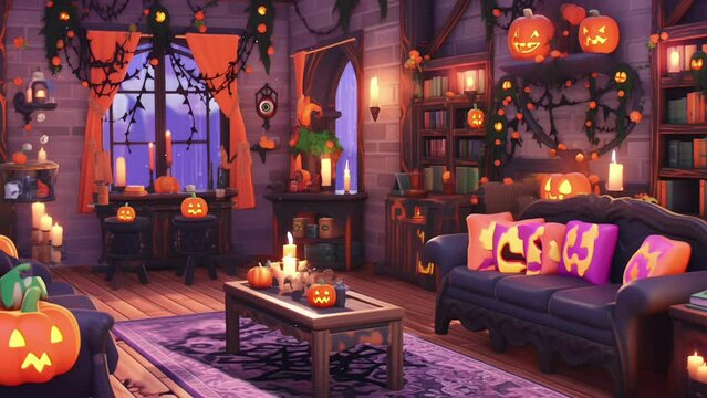 Spooky Halloween Living Room With Wandering Eyeball, Pumpkins, Candles, Falling Glitter, Purple Loveseat Sofa, Party Decorations. Looping Animated Background / Wallpaper. Vtuber Backdrop. Loop.