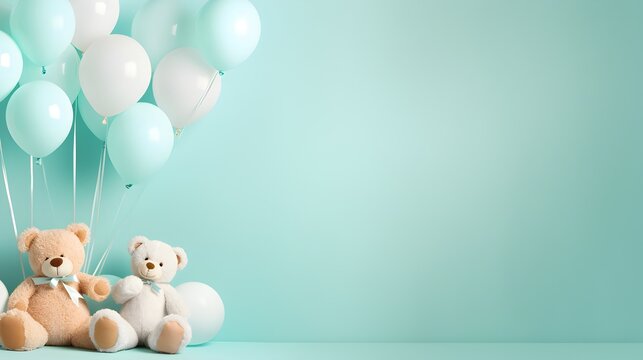 A bundle of blue and white air balloons with a teddy bear, blue studio wall, copy space