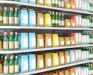 Fototapeta premium Shelves with products in a self-service supermarket. 3d illustration