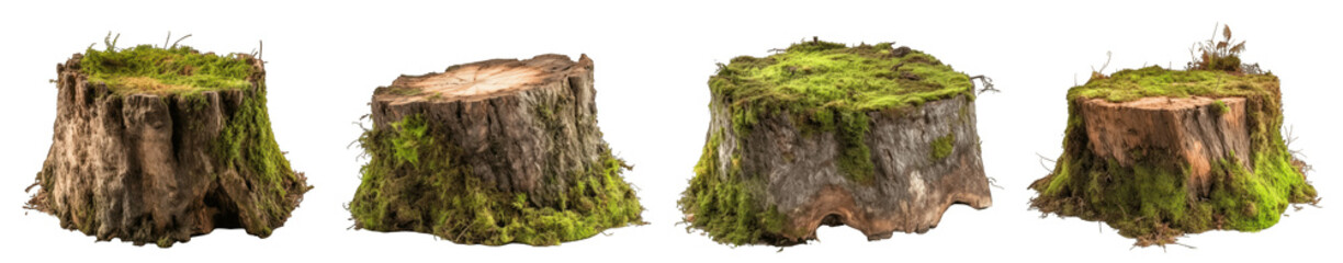 Cut large tree logs or stump covered in green foliage and moss, isolated on transparent background, deforestation generative ai