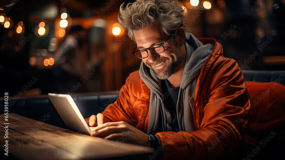 Poster man using digital tablet in the evening