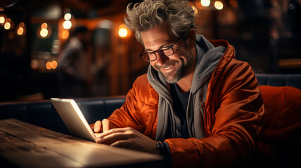 man using digital tablet in the evening