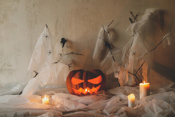 Happy Halloween! Spooky Jack o lantern carved pumpkin, spider web, ghost, bats and glowing candles...