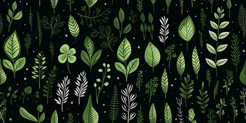 Simple pattern with leaves and flowers on a black background. 