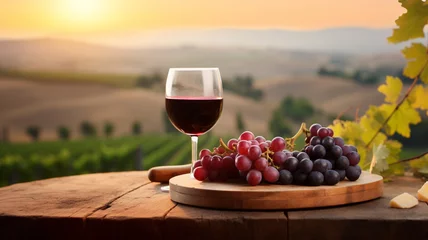 Foto op Canvas Wooden empty rustic table with red grape, on blurred vineyard landscape background natural organic product placement montage mockup. © Alina Nikitaeva