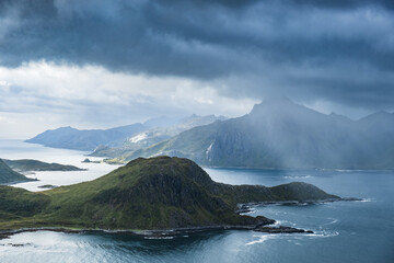 The photo shows a Lofoten fjord with stormy conditions