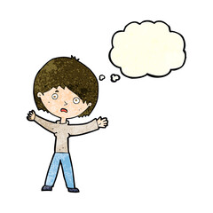 cartoon worried woman with thought bubble