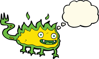 cartoon little fire demon with thought bubble