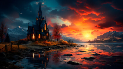 fantasy landscape with lake and castle
