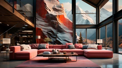 Tapeten modern loft interior design with wooden sofa, armchair and fireplace © ARAMYAN