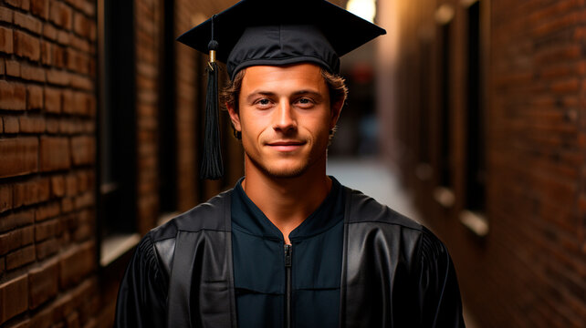 young male student in a graduation gown with cap and a black shirt on a brick wall background. high quality photo