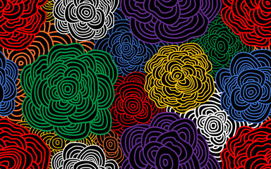 Hand drawn abstract colorful line doodle seamless pattern on dark background paper print wallpaper background