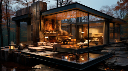 Fototapeta premium modern luxury house interior with beautiful lake