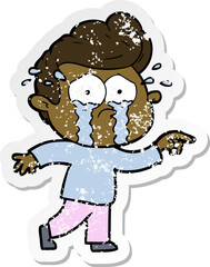 distressed sticker of a cartoon crying man
