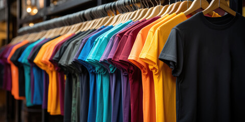 Lots of T-shirts on hangers in clothes store shop - obrazy, fototapety, plakaty