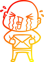 warm gradient line drawing of a cartoon crying bald man