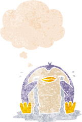 cartoon crying penguin with thought bubble in grunge distressed retro textured style