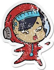distressed sticker of a cartoon astronaut woman