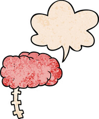 cartoon brain with speech bubble in retro texture style