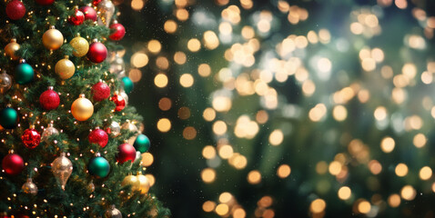 Fototapeta na wymiar Christmas tree with red gold green baubles and ornaments on blurred bokeh lights background