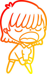 warm gradient line drawing of a cartoon woman talking loudly