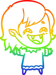 rainbow gradient line drawing of a cartoon laughing vampire girl