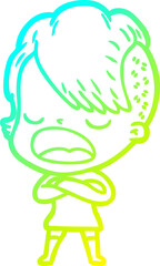 cold gradient line drawing of a cartoon cool hipster girl talking