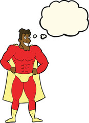 cartoon superhero with thought bubble