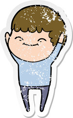 distressed sticker of a cartoon smiling boy
