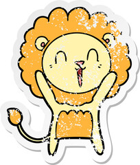 distressed sticker of a laughing lion cartoon