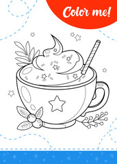 Coloring page for kids with a mug of warm cocoa and whipped cream.
A printable worksheet, vector illustration.