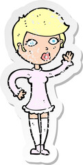 retro distressed sticker of a cartoon pretty woman waving